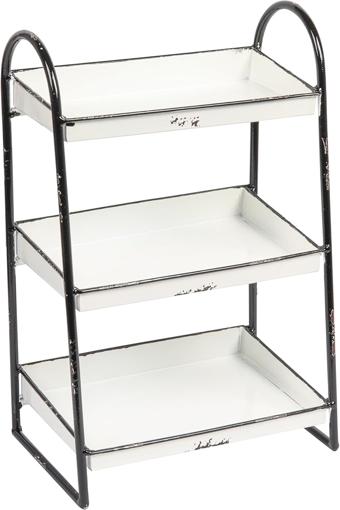 Creative Co-Op Heavily Distressed White 3-Tier Metal Tray with Black Frame & Rim