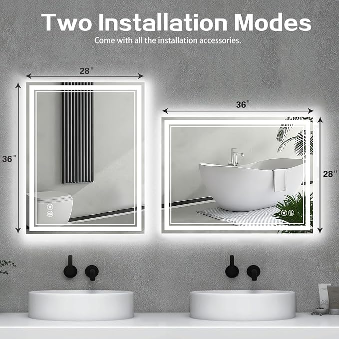 28“ x 36” LED Bathroom Mirror Fogless LED Mirror for Bathroom Dimmable 3 Colors Lights Smart Vanity Mirror Touch Sensor Home Decor Wall Mounted Horizontal/Vertical