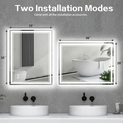 28“ x 36” LED Bathroom Mirror Fogless LED Mirror for Bathroom Dimmable 3 Colors Lights Smart Vanity Mirror Touch Sensor Home Decor Wall Mounted Horizontal/Vertical