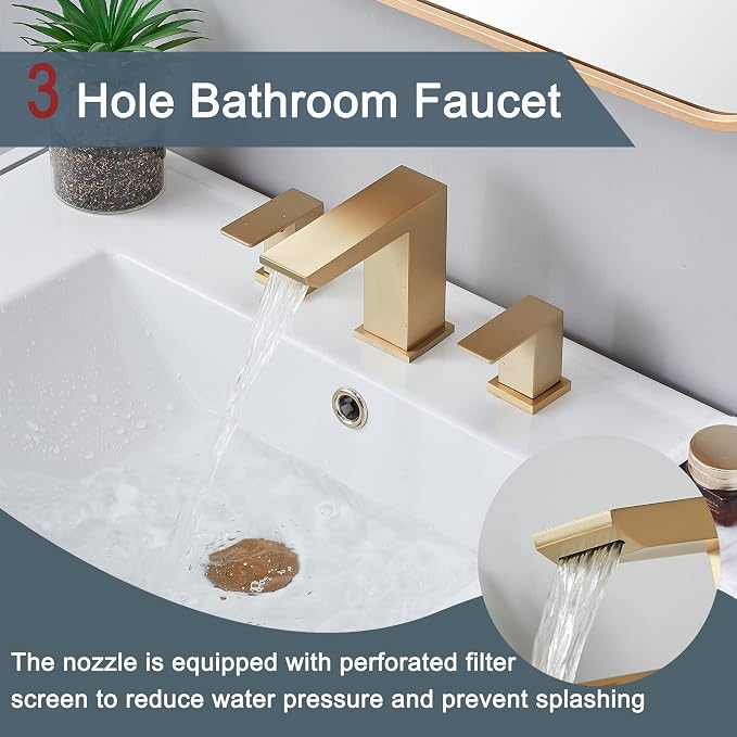 Brushed Gold Bathroom Sink Faucet, 3 Hole Waterfall Bathroom Faucet, 2 Handle Vanity Bath Faucets, Modern Bathroom Faucet with Supply Hoses and Drain, HT-BF301