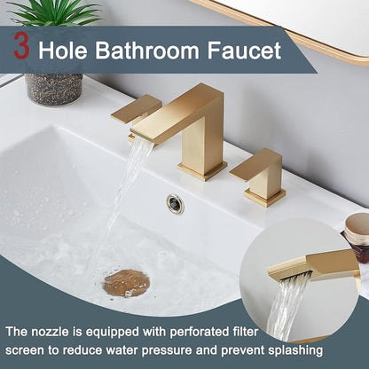 Brushed Gold Bathroom Sink Faucet, 3 Hole Waterfall Bathroom Faucet, 2 Handle Vanity Bath Faucets, Modern Bathroom Faucet with Supply Hoses and Drain, HT-BF301