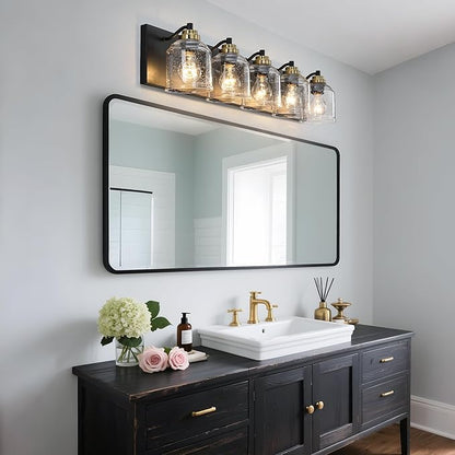 Vanity Lights for Bathroom Large 40", Farmhouse Rustic Vanity Light with Bubble Glass Shades, Black and Gold 5 Light Bathroom Lighting Fixtures Over Mirror, Bath Wall Sconce Home Decor