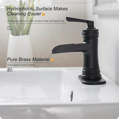 Matte Black Bathroom Faucet 1 Hole, Brass Waterfall Bathroom Faucets 3 Hole 4 Inch Single Handle with Pop-up Drain, Deck Plate, Pre-Installed cUPC Hose for Lavatory, Farmhouse, 5 Mins Install