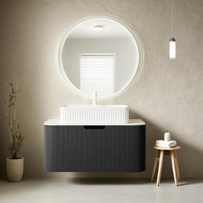 30'' Floating Bathroom Vanity with Sink, Solid Wood Modern Bathroom Vanities with Rectangular Ceramic Basin and Marble Top, Soft-Close Design, Large Storage Drawer, Pre-Assembled Cabinet, Gloss Black