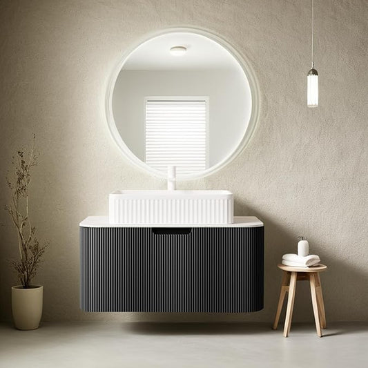 30'' Floating Bathroom Vanity with Sink, Solid Wood Modern Bathroom Vanities with Rectangular Ceramic Basin and Marble Top, Soft-Close Design, Large Storage Drawer, Pre-Assembled Cabinet, Gloss Black