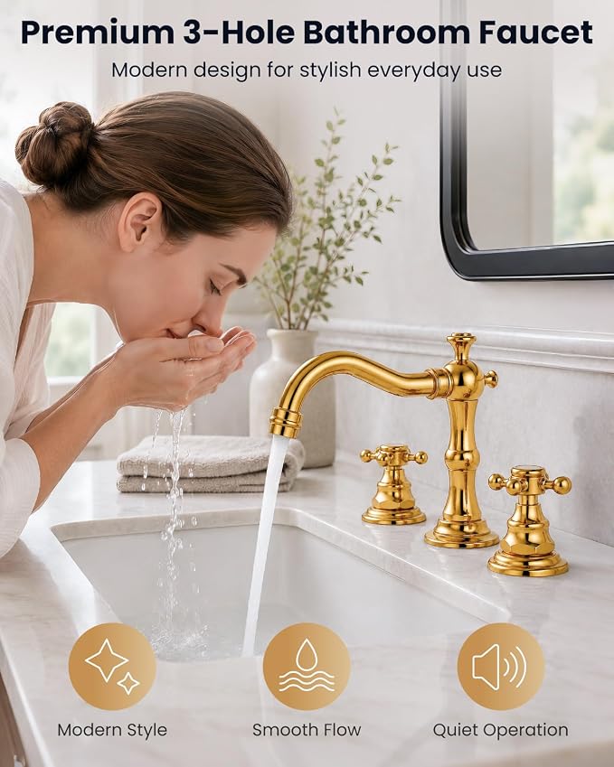 gotonovo 3 Hole 8’’ Widespread Bathroom Sink Faucet Polished Gold | Vintage Bathroom Faucet,2 Cross Handle,6-16’’ Sink,Vanity,Basin,RV,Farmhouse,SUS304,24’’ cUPC Hose Pop Up Drain,Deck Mount