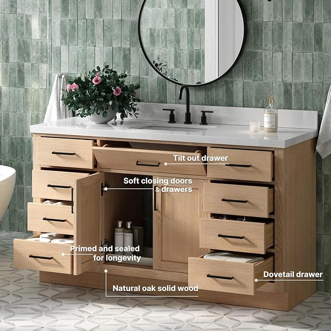 ARIEL Hepburn 60-inch Bathroom Vanity with Sink,Solid Wood, 1.5-inch Pure White Quartz Countertop, Single Rectangular Porcelain Sink, 2 Soft Closing Doors, 9 Dovetail Drawers, White Oak