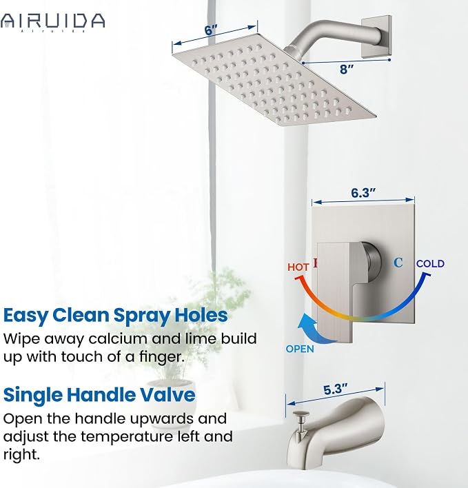 Airuida 6 Inch Shower Faucet Set,Bathtub Faucet Kit,Brushed Nickel | Shower Tub Faucet Set,Male Threads Rough-In Valve,Square Head Shower System