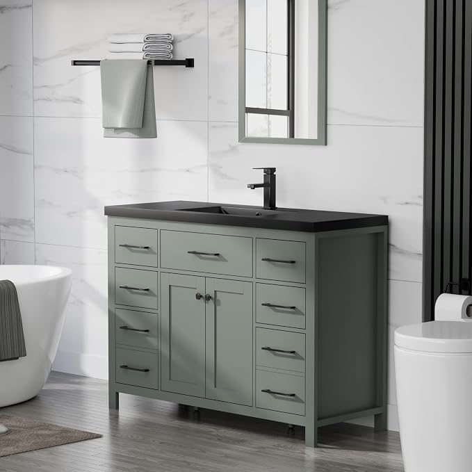 LUCKWIND 48" Modern Bathroom Vanity with Sink Combo, Contemporary Painted Storage Cabinet and Single Black Sink, Include Soft-Closing Doors & Matte Black Faucet, Green