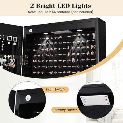 Giantex Wall Door Mounted Jewelry Armoire Cabinet with 47.5" H Full Length Mirror, 2 LEDs Lockable Jewelry Organizer Box with Bracelet Rod, 2 Drawers, Large Storage Capacity (Black)