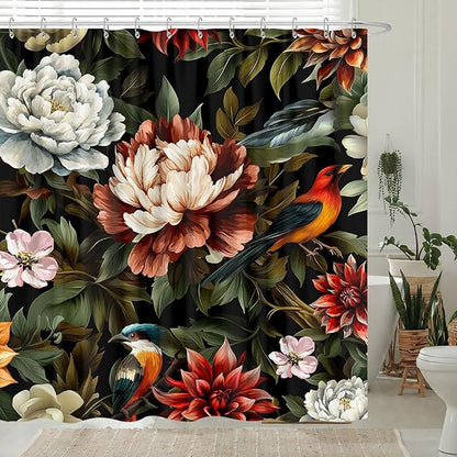 GOAOK Black Boho Floral Shower Curtain, Bright Abstract Bohemian Tropical Leaves Plant Flower Botanical Bird Shower Curtain Set, Modern Aesthetic Boho Chic Fabric Shower Curtain 12 Pack Hooks, 72X72