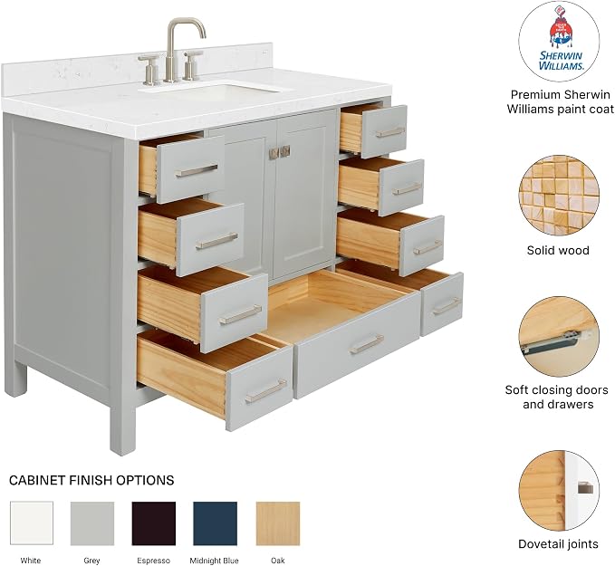 DKB Beckford 48-Inch Bathroom Vanity with Sink — Grey Single Sink Bathroom Vanity, 1.5" Edge Carrara White Quartz Countertop, Solid Wood, 2 Soft-Close Doors, 9 Dovetail Drawers