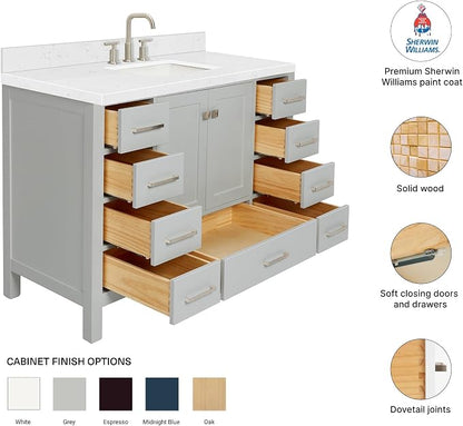 DKB Beckford 48-Inch Bathroom Vanity with Sink — Grey Single Sink Bathroom Vanity, 1.5" Edge Carrara White Quartz Countertop, Solid Wood, 2 Soft-Close Doors, 9 Dovetail Drawers