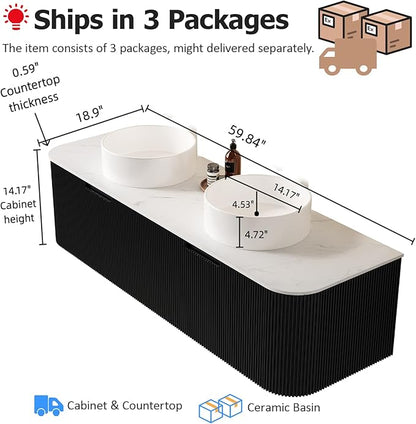 60 Inch Floating Bathroom Vanity with Double Sink, Modern Bathroom Vanities with Ultra-Thin Marble Countertop and Ceramic Sink, Soft-Close Design, Natural Solid Wood Cabinet, Pre-Assembled, Black