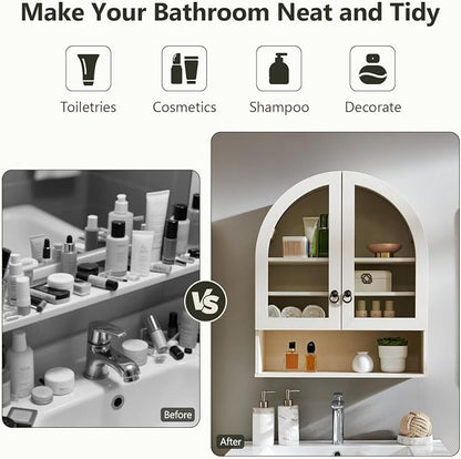 IFGET Bathroom Arched Wall Cabinet, 23.6'' Wide Medicine Cabinet with Adjustable Shelves & Glass Doors, Over The Toilet Storage Wall Mount Cabinet for Laundry Room,Kitchen & Living Room, Antique White