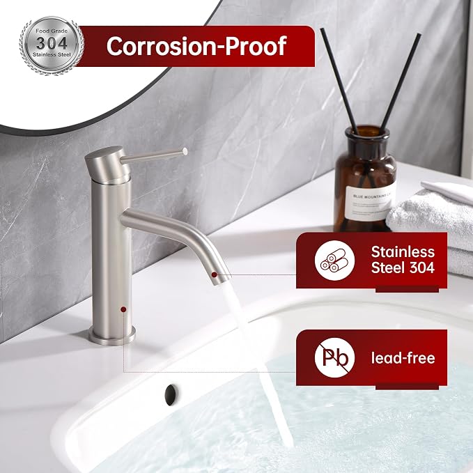 SUMERAIN Bathroom Sink Faucet Brushed Nickel Single Handle | Modern, Lead-Free, Stainless Steel, Single Hole, with Faucet Supply Lines, Easy DIY Install