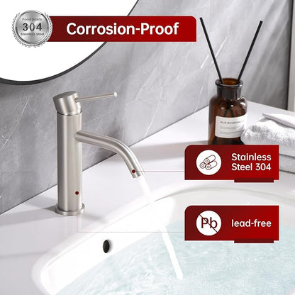 SUMERAIN Bathroom Sink Faucet Brushed Nickel Single Handle | Modern, Lead-Free, Stainless Steel, Single Hole, with Faucet Supply Lines, Easy DIY Install