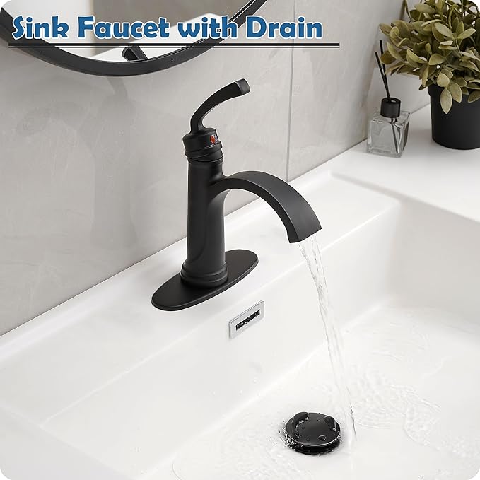 Black Waterfall Bathroom Faucet 1 Hole, Brass Bathroom Sink Faucets 4 Inch 3 Hole Single Handle with Pop-up Drain, Pre-Installed cUPC Water Hose, Deck Plate for Vanity, Farmhouse, Lavatory