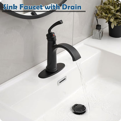 Black Waterfall Bathroom Faucet 1 Hole, Brass Bathroom Sink Faucets 4 Inch 3 Hole Single Handle with Pop-up Drain, Pre-Installed cUPC Water Hose, Deck Plate for Vanity, Farmhouse, Lavatory