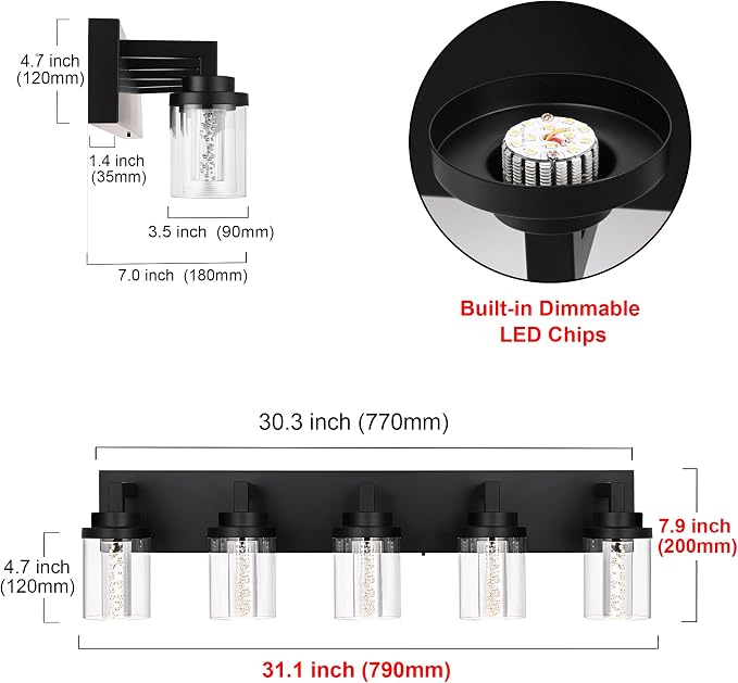MELUCEE Black LED Vanity Lights for Bathroom 5 Color Temperature | 5CCT 25W Dimmable Bathroom Lights with Bubble Crystal and Clear Glass Shade,Built-In Led Chips,3000K-6000K