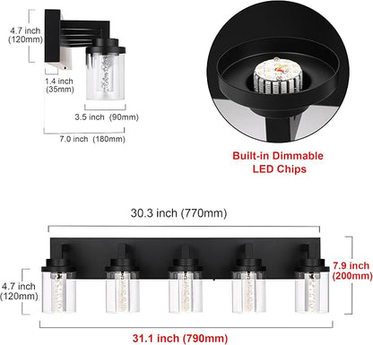 MELUCEE Black LED Vanity Lights for Bathroom 5 Color Temperature | 5CCT 25W Dimmable Bathroom Lights with Bubble Crystal and Clear Glass Shade,Built-In Led Chips,3000K-6000K