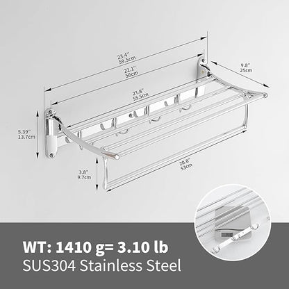 BESy 24 Inch Polished Chrome Towel Racks, Bathroom Towel Shelf with Foldable Towel Bar Holder and Towel Hooks, Wall Mounted Multifunctional Bathroom Accessories, Double Towel Bars