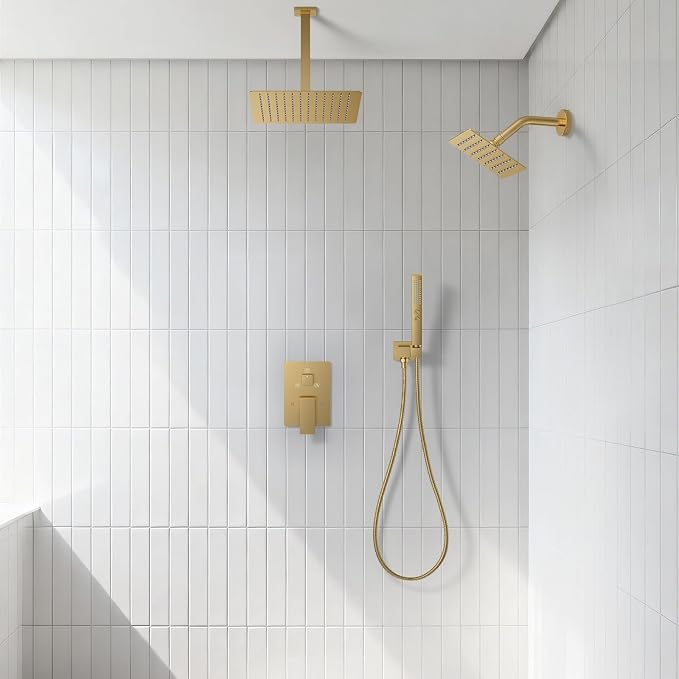Rain Shower System 12" & 6" Dual Shower Heads Ceiling Shower Faucet Set | Ideal for bathroom remodels and upgrades with 12" rain shower, 6" angled shower, handheld spray and complete valve kit.