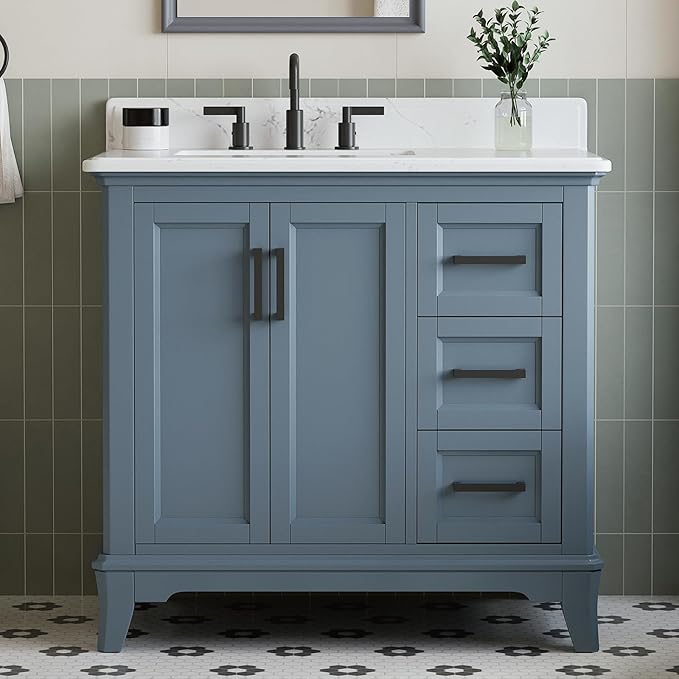 36 Inch Bathroom Vanity with Sink, Fully Assembled Bathroom Vanities with Quartz Countertop, 36 Vanity with Sink and Countertop, Soft Closing Doors & Dovetail Drawer, Steel Blue