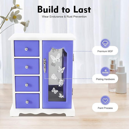 Vintage Wood Jewelry Box with 4 Drawers, Desktop Jewelry Organizer with Glass Door & Mirror, Necklace Ring Storage Display Case Built-in Necklace Carousel, Brown (Purple, 4 Drawers)