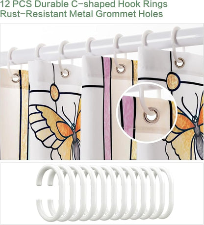 Flower Butterfly Shower Curtain, Glaze Glass Chinese Screen Window Shower Curtain Green Floral Shower Curtain Sets Waterproof Polyester Fabric Machine Washable Home Farmhouse Decor Bath Curtains