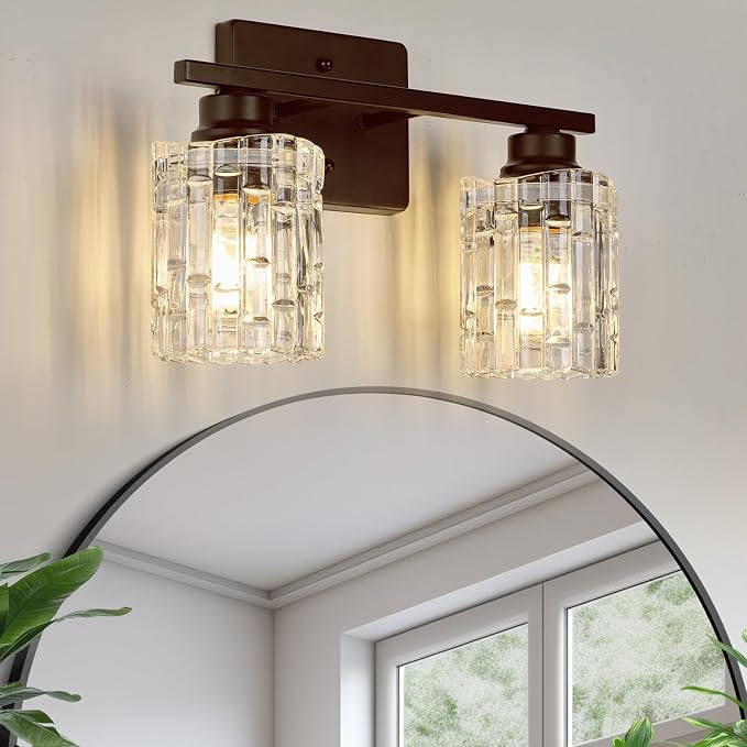 Refice 2-Light Bathroom Vanity Lights Crystal Glass, Oil Rubbed Bronze | Bathroom Light Fixtures Vanity Lighting Over Mirror for Living Room Farmhouse, Hallway