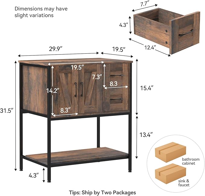 YOURLITE Bathroom Vanity, 30" Rustic Brown Bathroom Vanity with Sink Combo Set, Farmhouse Modern Wood Cabinet with Black Art Ceramic Vessel Sink