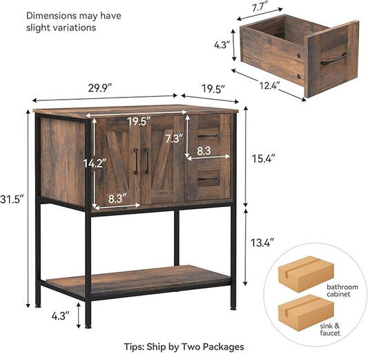 YOURLITE Bathroom Vanity, 30" Rustic Brown Bathroom Vanity with Sink Combo Set, Farmhouse Modern Wood Cabinet with White Ceramic Vessel Sink