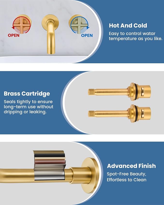 Airuida Solid Brass Brushed Gold Wall Mount Bathroom Faucet | 360° Swivel Spout,Rough in Valve,2 Cross Handle,3 Hole,Widespread