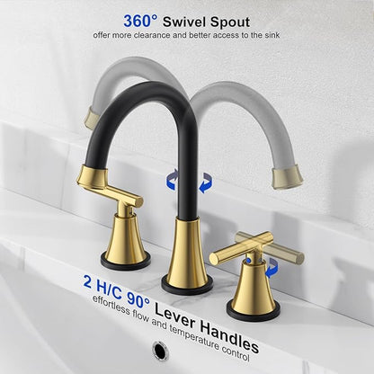 Bathroom Faucet 3 Hole, Black& Gold Faucets with Drain and Supply Lines | Hurran Stainless Steel Lead-Free Widespread Bathroom Sink Faucet for Vanity RV Restroom Laundry Outdoor Camper, 2 Pack