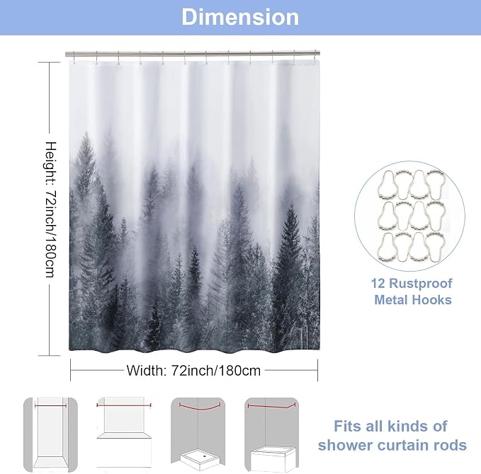 ORTIGIA Grey Shower Curtain for Bathroom, Misty Forest Shower Curtain Set with Rustproof Hooks, Decorative Pine Tree Fog Magic Bath Curtain for Home, Waterproof Fabric, Weighted, 72x72