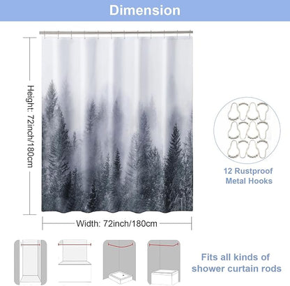 ORTIGIA Grey Shower Curtain for Bathroom, Misty Forest Shower Curtain Set with Rustproof Hooks, Decorative Pine Tree Fog Magic Bath Curtain for Home, Waterproof Fabric, Weighted, 72x72