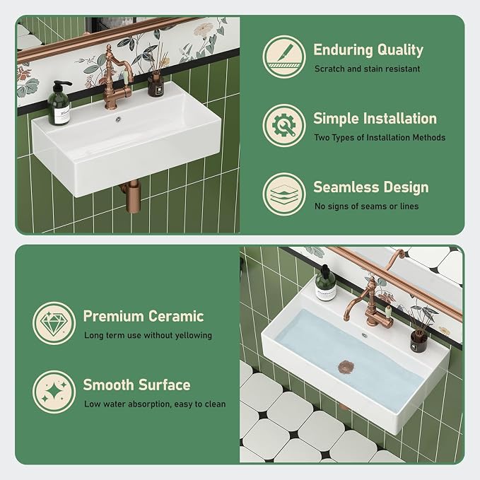 21x12 Wall Mounted Bathroom Sink | Ceramic, Floating, ADA Compliant, Rectangular Shape, Easy to Clean, Ideal for Bathroom, Lavatory, Vanity