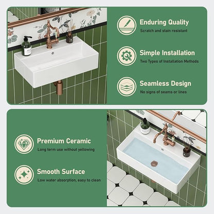 21x12 Wall Mounted Bathroom Sink | Ceramic, Floating, ADA Compliant, Rectangular Shape, Easy to Clean, Ideal for Bathroom, Lavatory, Vanity
