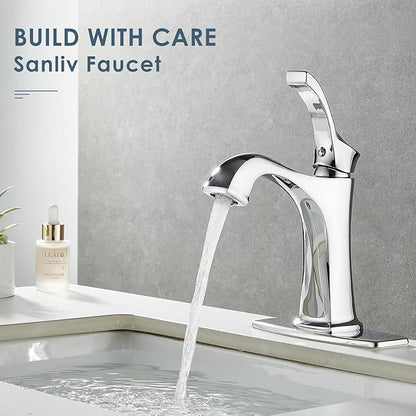 Chrome Bathroom Faucet, Sanliv Single Handle Centerset Bathroom Sink Faucet with Pop-Up Drain & Deck Plate for 1 or 3-Hole (4 inch) Installation, Modern Farmhouse Vanity Faucet, Polished Chrome