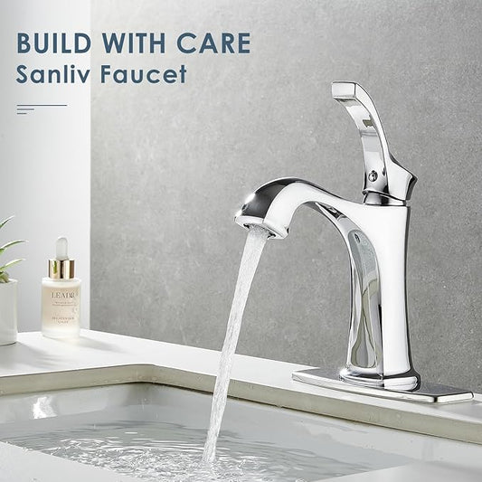Chrome Bathroom Faucet, Sanliv Single Handle Centerset Bathroom Sink Faucet with Pop-Up Drain & Deck Plate for 1 or 3-Hole (4 inch) Installation, Modern Farmhouse Vanity Faucet, Polished Chrome