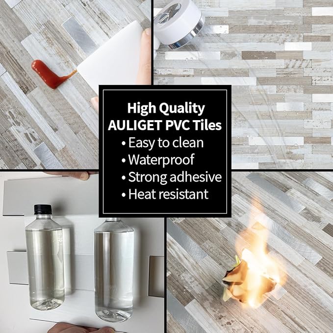 AULIGET Peel and Stick Backsplash, Coffee & Brown Wood Look PVC Mixed Metal Stick on Bathroom Backsplash, 2