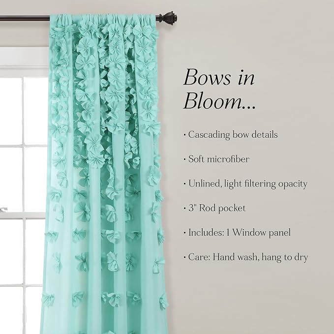 Lush Decor Riley Light Filtering Window Curtain Panel, Single 54" W x 84" L, Aqua - Cute Blue Curtains for Bedroom - Bow Decor - Coquette Curtains for Windows