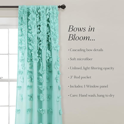 Lush Decor Riley Light Filtering Window Curtain Panel, Single 54" W x 84" L, Aqua - Cute Blue Curtains for Bedroom - Bow Decor - Coquette Curtains for Windows