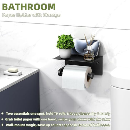 Toilet Paper Holder with Phone Shelf, Matte Black, Wall Mounted | 304 Stainless Steel, Rustproof Tissue Holder for Bathroom Restroom Powder Room, Paper Roll Dispenser, Large Phone Storage