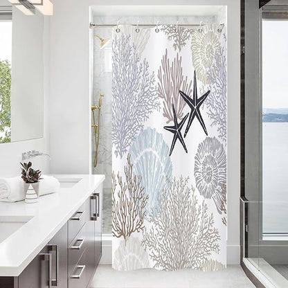 Nautical Coastal Shower Curtain, Brown Tan Blue Ocean Beach Seashell Starfish Themed Bathroom Curtain Waterproof Fabric Machine Washable with Hooks, 36" Wx72 L