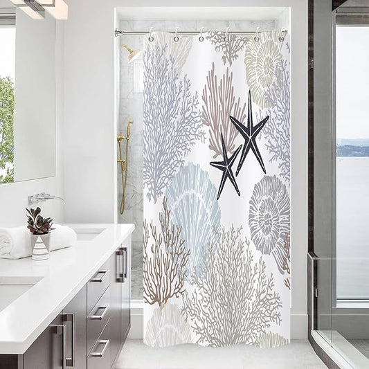 Nautical Coastal Shower Curtain, Brown Tan Blue Ocean Beach Seashell Starfish Themed Bathroom Curtain Waterproof Fabric Machine Washable with Hooks, 36" Wx72 L