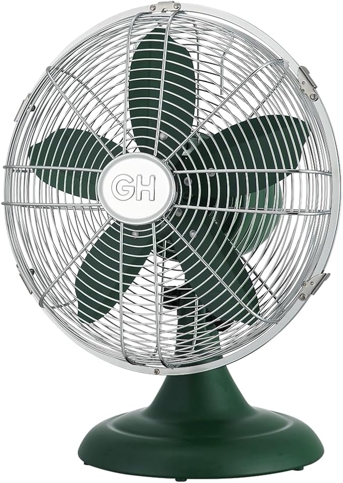 Good Housekeeping 92617 All-Metal 12" Retro Desk Office Table Fan with Wide Oscillation, 3-Speed Settings & Carrying Handle, Alpine Green