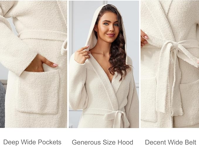 MH MYLUNE HOME Ultra Soft Robes for Women with Pockets, Womens Robe Plush | Hooded House Robes for Women Calf-Length, Spa Bath Robe, Cozy Comfy Fluffy Fuzzy Robe for Women, Womens Bathrobe
