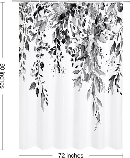 Black Eucalyptus Shower Curtain, Watercolor Floral Print, 72x90 | Watercolor Plant Leaves Floral Print, Extra Long Waterproof Fabric Bathroom Decor, Machine Washable, Rustproof Grommets